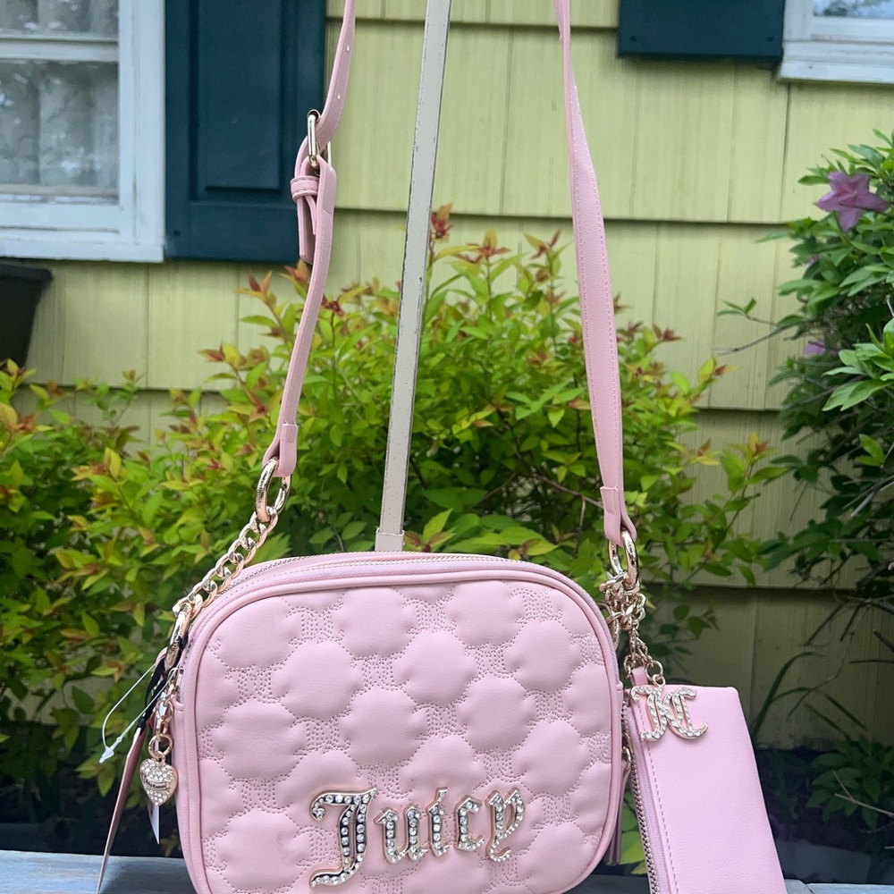Juicy Couture Taking the Lead Camera Crossbody Embroidered Pink Diamond Gold